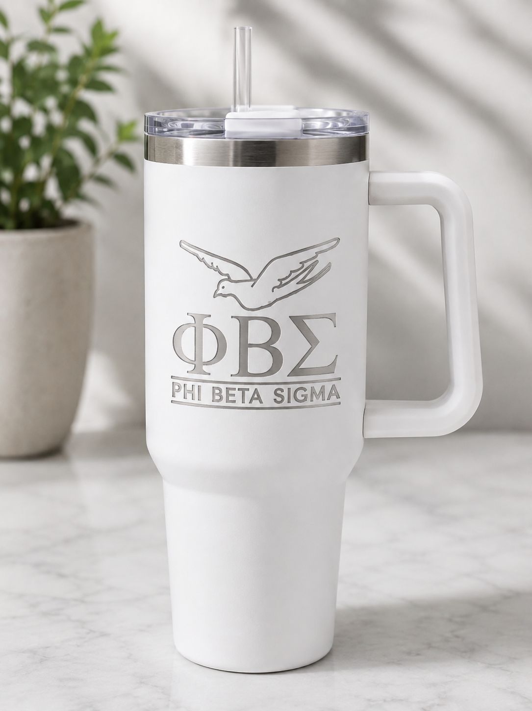 Phi Beta Sigma Tumbler – ΦΒΣ Laser Engraved Tumbler – 35oz or 45oz Handled Travel Cup – Fraternity Gift