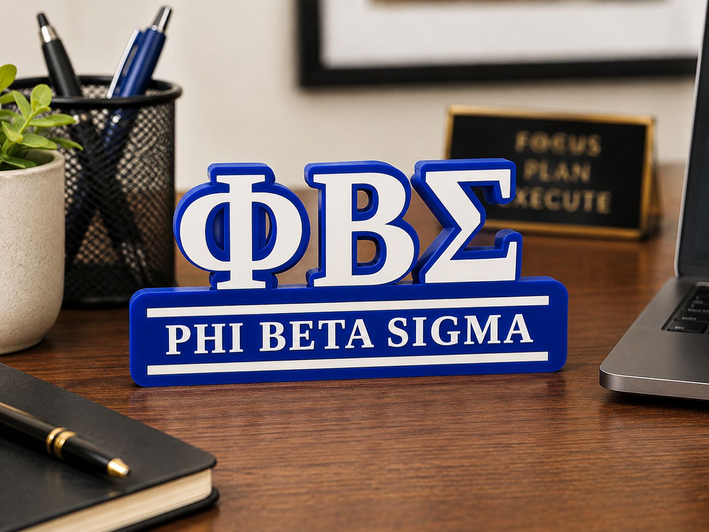 Phi Beta Sigma Desk Sign – ΦΒΣ 3D Printed Fraternity Decor – Royal Blue &amp; White Greek Letter Display – Sigma Gift