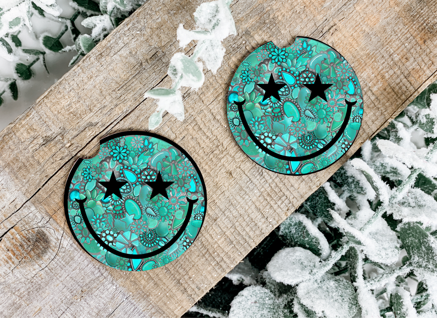 Turquoise Smiley Car Coasters