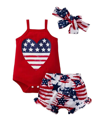 Baby Girls Red, White and Blue 3 Piece Heart Short Set