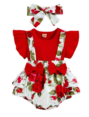 Baby Girls Red Floral Hair Bow Romper Set
