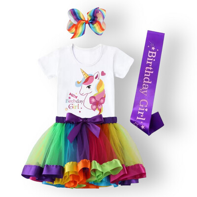 Toddler Girls White Shirt Unicorn Birthday Skirt Set