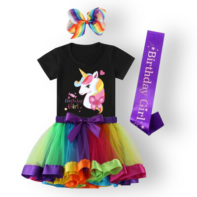 Toddler Girls Black Shirt Unicorn Birthday Skirt Set
