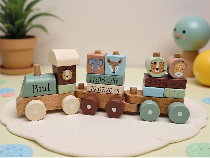 Holzzug - Geschenk zur Taufe / Geburt personalisert - Zoo mint