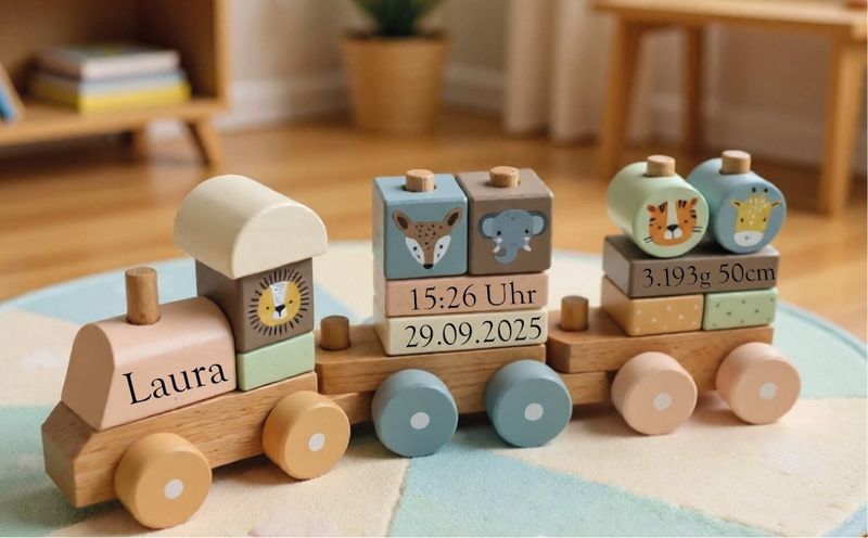 Holzzug - Geschenk zur Taufe / Geburt personalisert - Zoo rosa