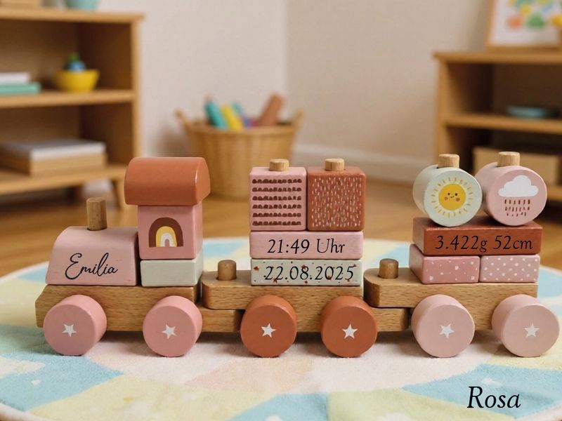 Holzzug - Geschenk zur Taufe / Geburt personalisert - rosa