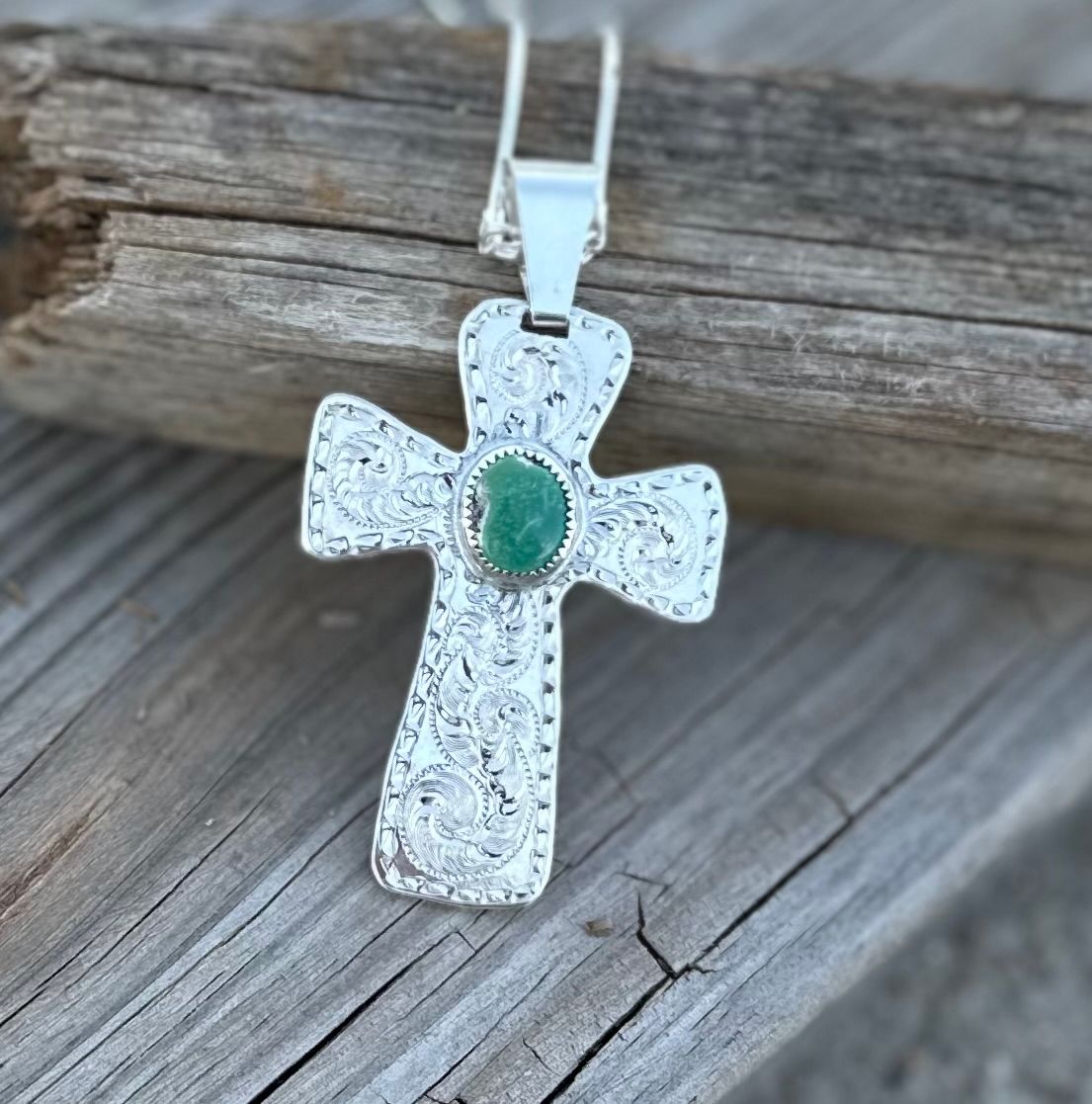 N - 40 Sterling Silver Cross Pendant with Green Turquoise Stone