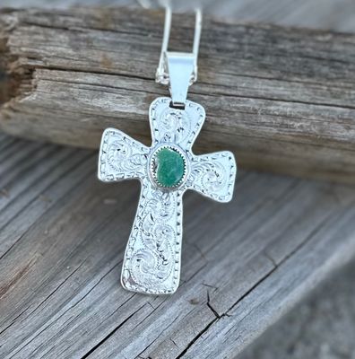 N - 40 Sterling Silver Cross Pendant with Green Turquoise Stone