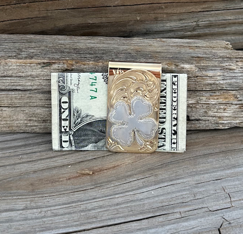 MC - 10 Red Brass Money clip with Sterling Silver Clover