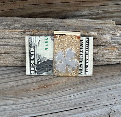 MC - 10 Red Brass Money clip with Sterling Silver Clover