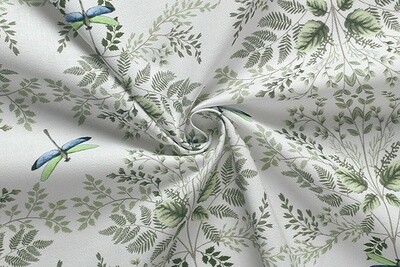 White Gütermann 100% Cotton Dragonfly and Fern Print Cotton Fabric