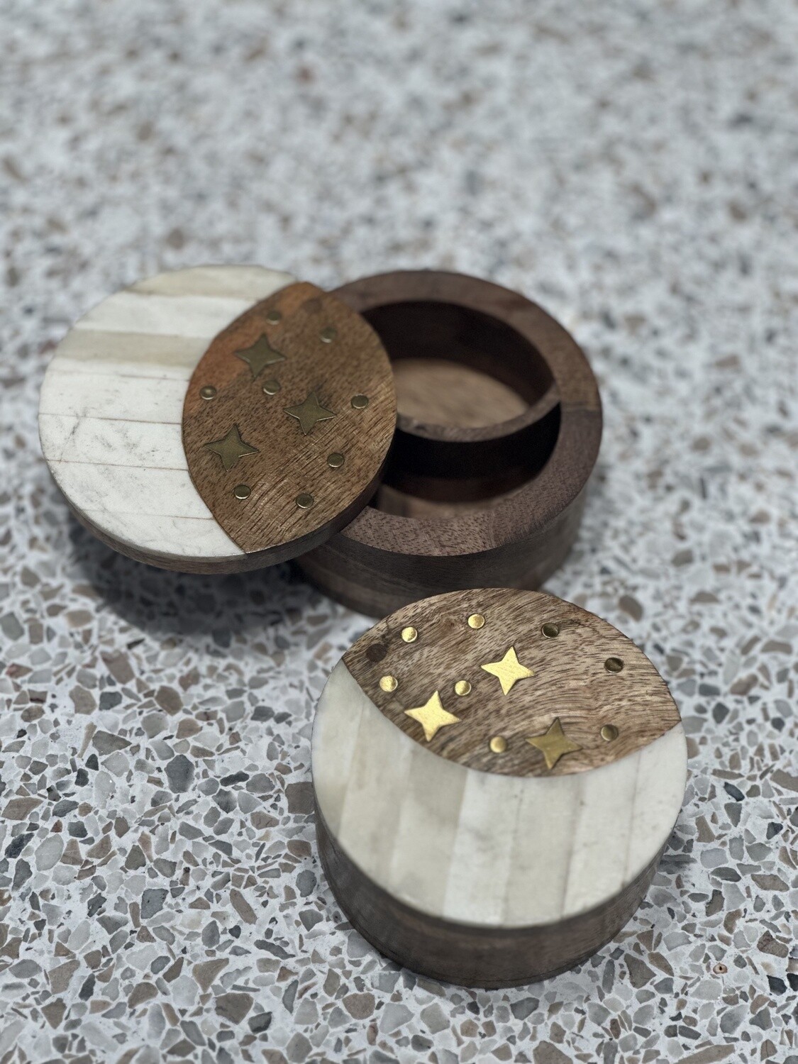 Mango Wood and Bone Salt and Pepper Spice Box - Moon and Stars