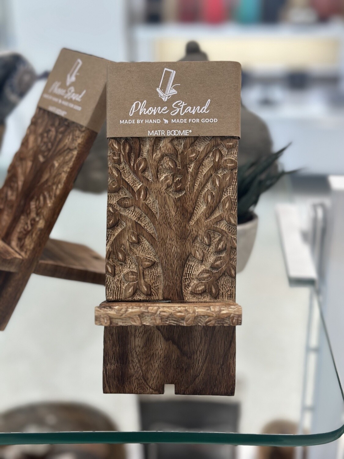 Mango Wood Phone Stand for Desk -Tree of Life