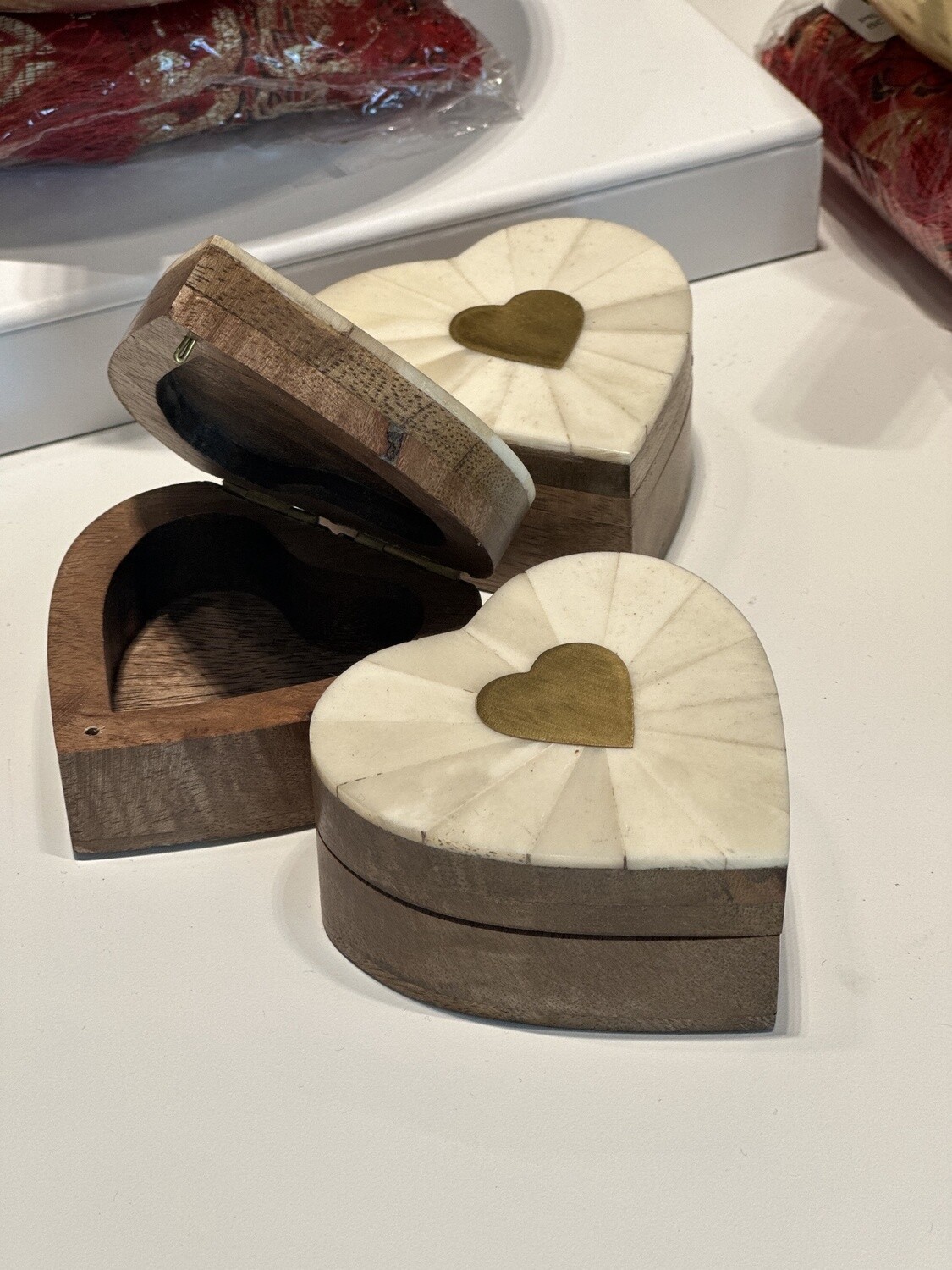 Mango Wood Hinged Heart BoxBone and Brass inlay