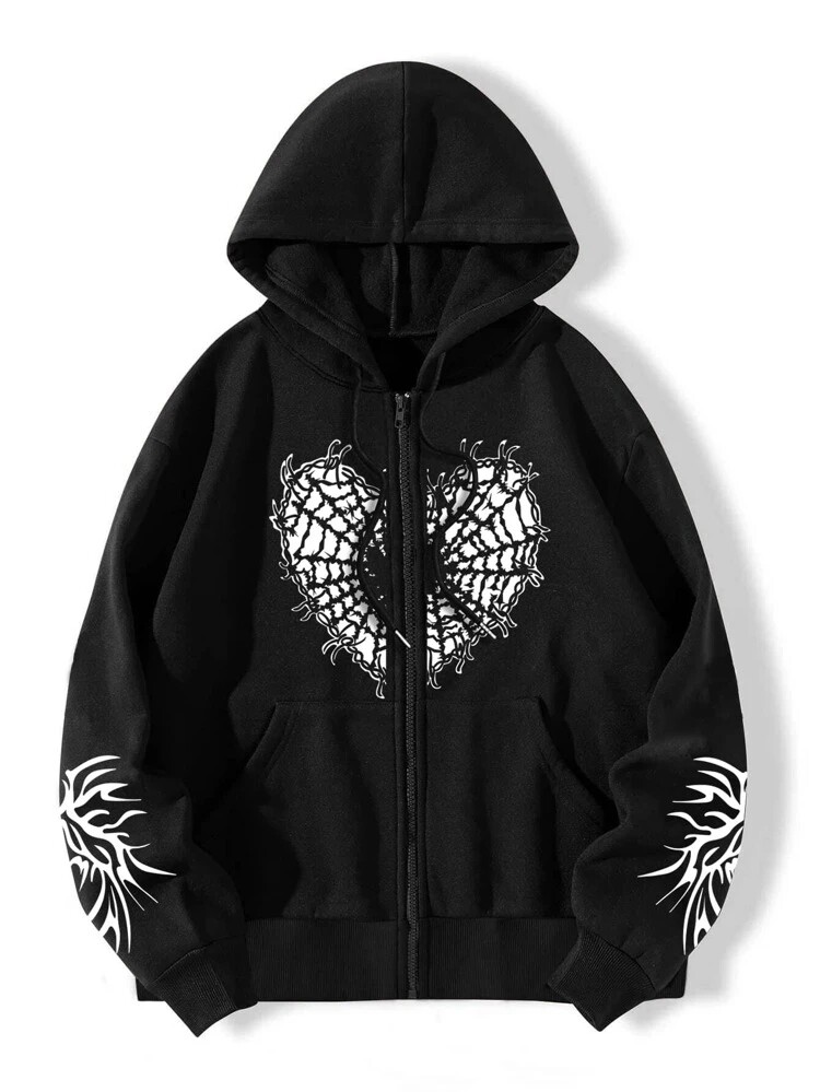 ROMWE Guys Cobweb Print Zip Up Drawstring Thermal Lined Hoodie