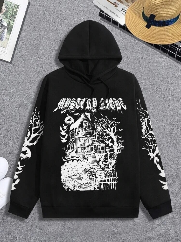 ROMWE Guys Letter House Graphic Drawstring Hoodie