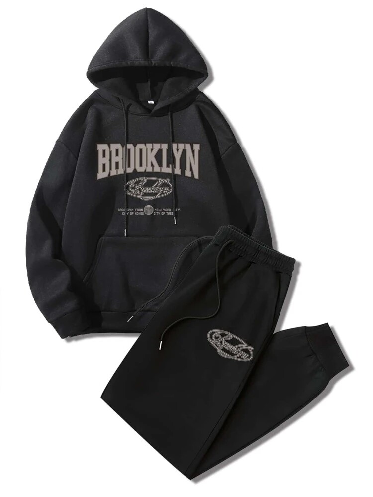 ROMWE Guys Letter Graphic Drawstring Thermal Hoodie &amp; Sweatpants