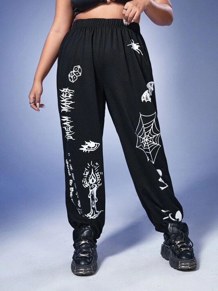 ROMWE Goth Plus Letter &amp; Spider Web Print Sweatpants