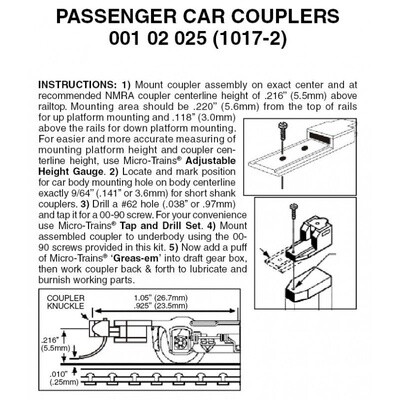 Micro-Trains 1017-2 Passenger Car Couplers 2 Pairs