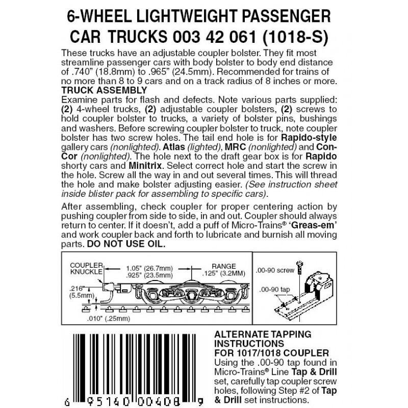 Micro-Trains 1018S Silver 6 Wheel Passenger Car Trucks w/ Adj. Couplers
