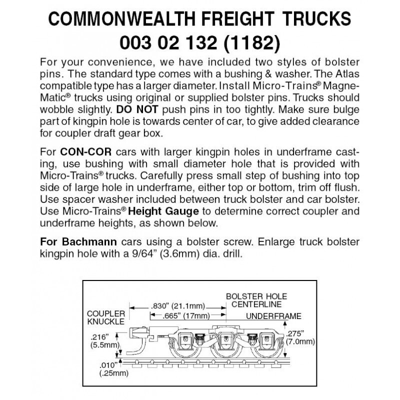 Micro-Trains 1182 Commonwealth 6-Wheel Freight Trucks w/ Med. Ext. Couplers