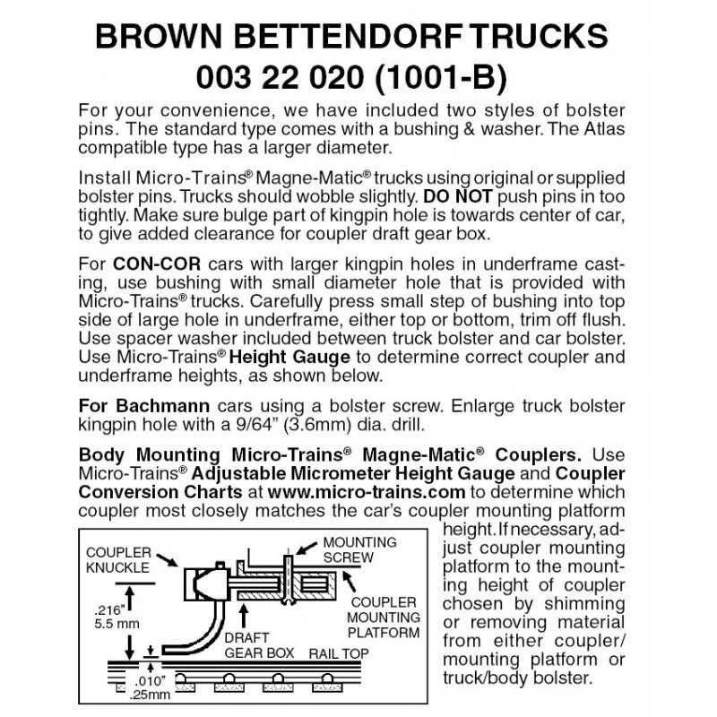 Micro-Trains 1001B Brown Bettendorf Trucks w/o Couplers