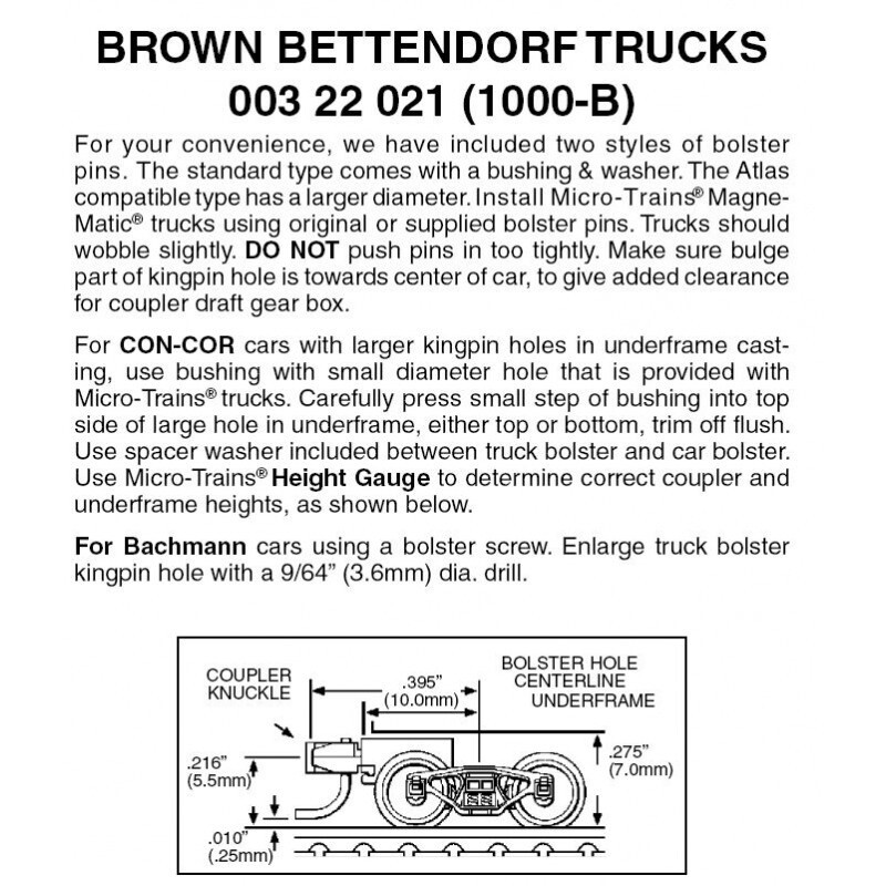 Micro-Trains 1000B Brown Bettendorf Trucks w/ Short Ext. Couplers