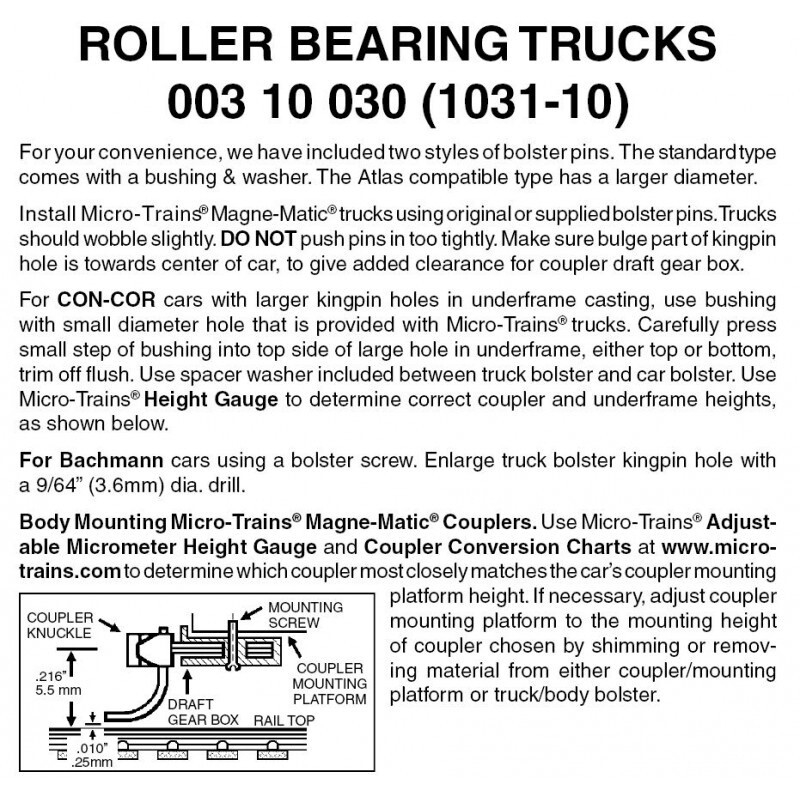 Micro-Trains 1031-10 Roller Bearing Trucks w/o Couplers 10 Pairs