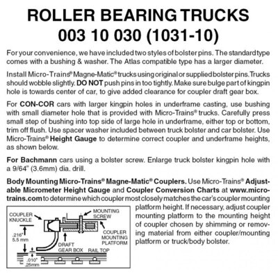 Micro-Trains 1031-10 Roller Bearing Trucks w/o Couplers 10 Pairs
