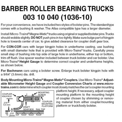 Micro-Trains 1036-10 Barber Roller Bearing Trucks w/o Couplers 10 Pairs