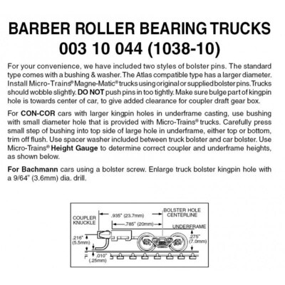 Micro-Trains 1038-10 Barber Rolling Bearing Trucks w/ Long Ext. Couplers 10 Pairs