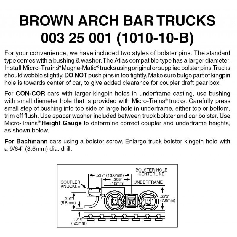 Micro-Trains 1010-10B Brown Arch Bar Trucks w/ Short Ext. Couplers 10 Pairs