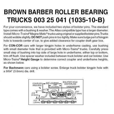 Micro-Trains 1035-10B Brown Barber Roller Bearing Trucks w/ Short Ext. Couplers 10 Pairs