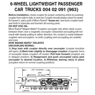 Micro-Trains 963 Z 6-Wheel Lightweight Passenger Trucks w/ Long Ext. Couplers