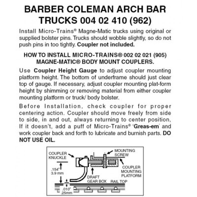 Micro-Trains 962 Nn3 Barber Coleman Arch Bar Trucks w/o Couplers