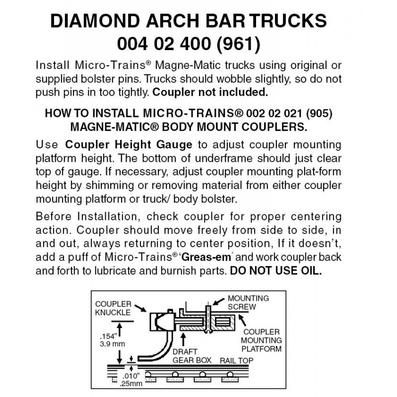 Micro-Trains 961 Nn3 Brown Diamond Arch Bar Trucks w/o Coupler