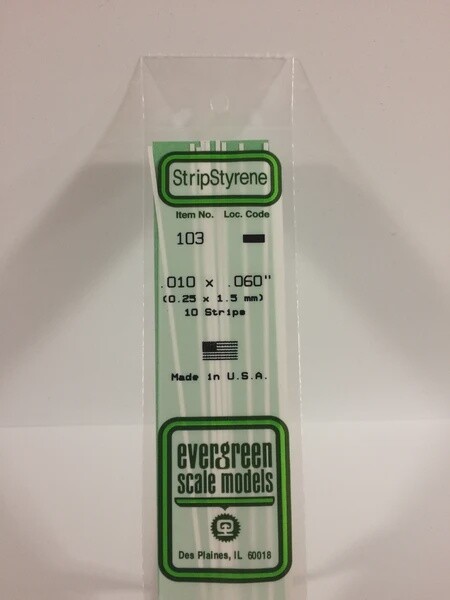 Evergreen 103 .010 x .060 Polystyrene Strips 10-Pack