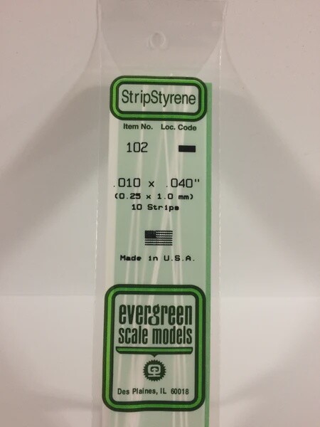 Evergreen 102 .010 x .040 Polystyrene Strips 10-Pack