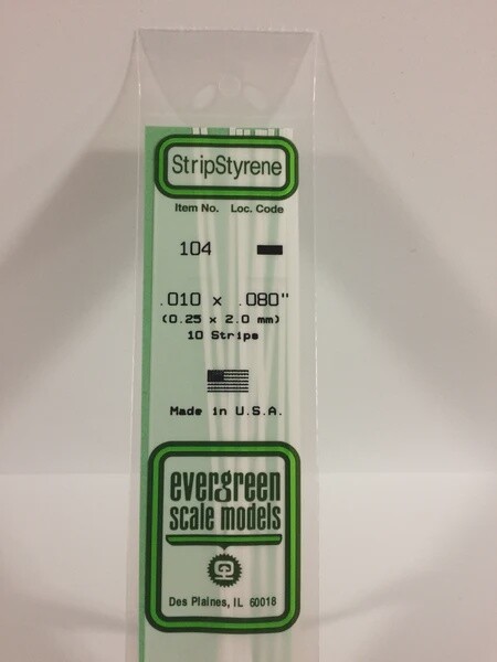 Evergreen 104 .010 x .080 Polystyrene Strips 10-Pack