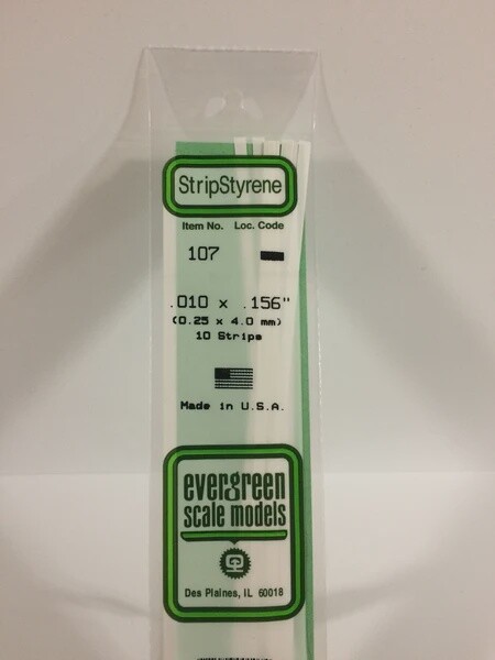 Evergreen 107 .010 x .156" Polystyrene Strips 10-Pack