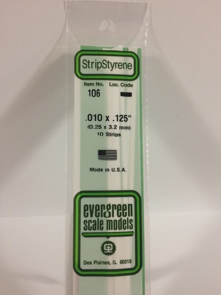 Evergreen 106 .010 x .125 Polystyrene Strips 10-Pack