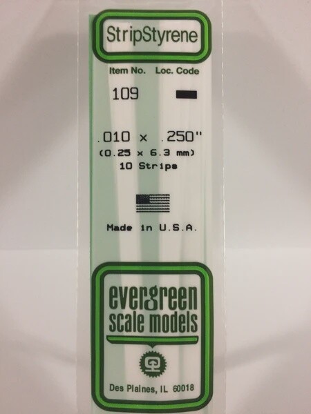 Evergreen 109 .010 x .250" Polystyrene Strips 10-Pack