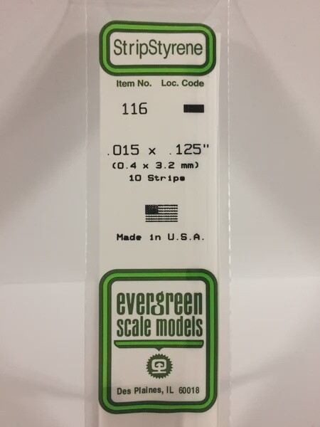 Evergreen 116 .015 x .125" Polystyrene Strip 10-Pack