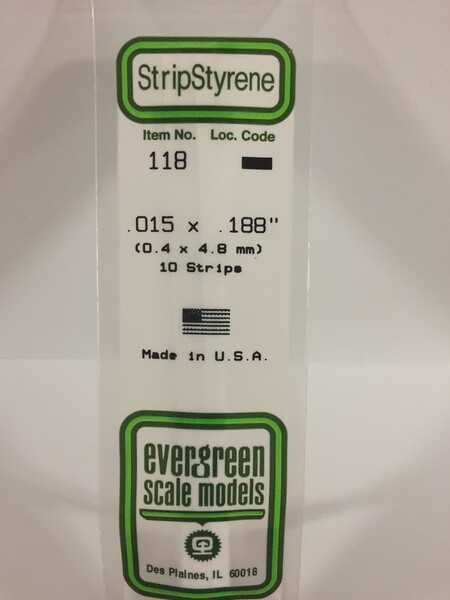Evergreen 118 .015 x .188" Polystyrene Strips 10-Pack