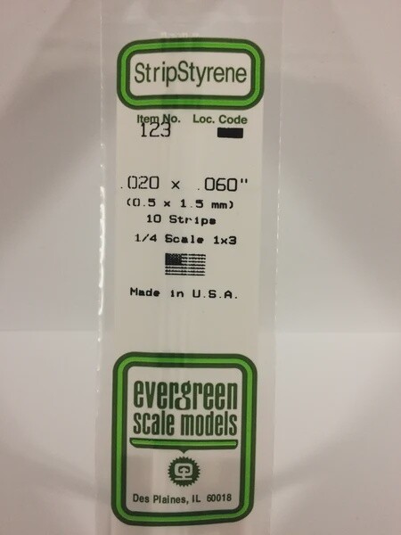 Evergreen 123 .020 x .060" Polystyrene Strips 10-Pack