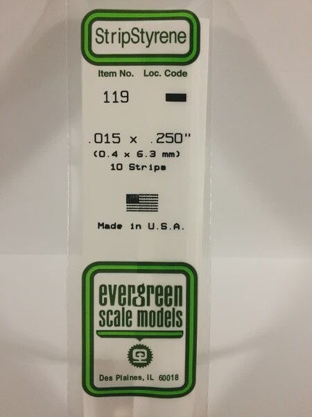 Evergreen 119 .015 x .250" Polystyrene Strips 10-Pack