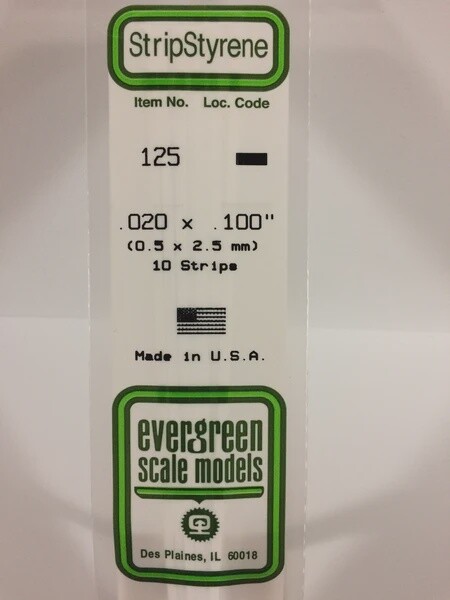 Evergreen 125 .020 x .100 Polystyrene Strips 10-Pack