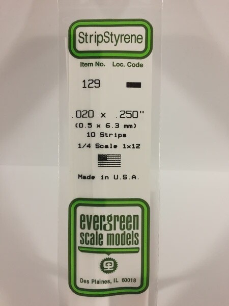 Evergreen 129 .020 x .250" Polystyrene Strips 10-Pack