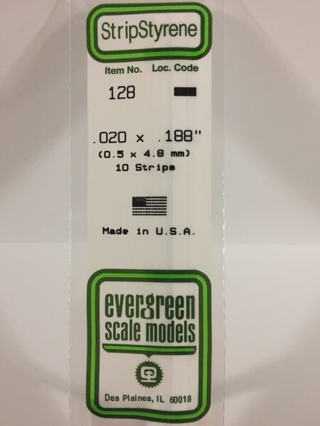 Evergreen 128 .020 x .188" Polystyrene Strips 10-Pack