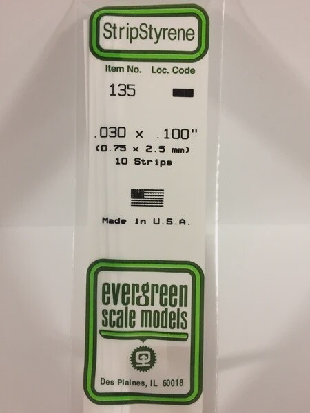 Evergreen 135 .030 x .100" Polystyrene Strips 10-Pack